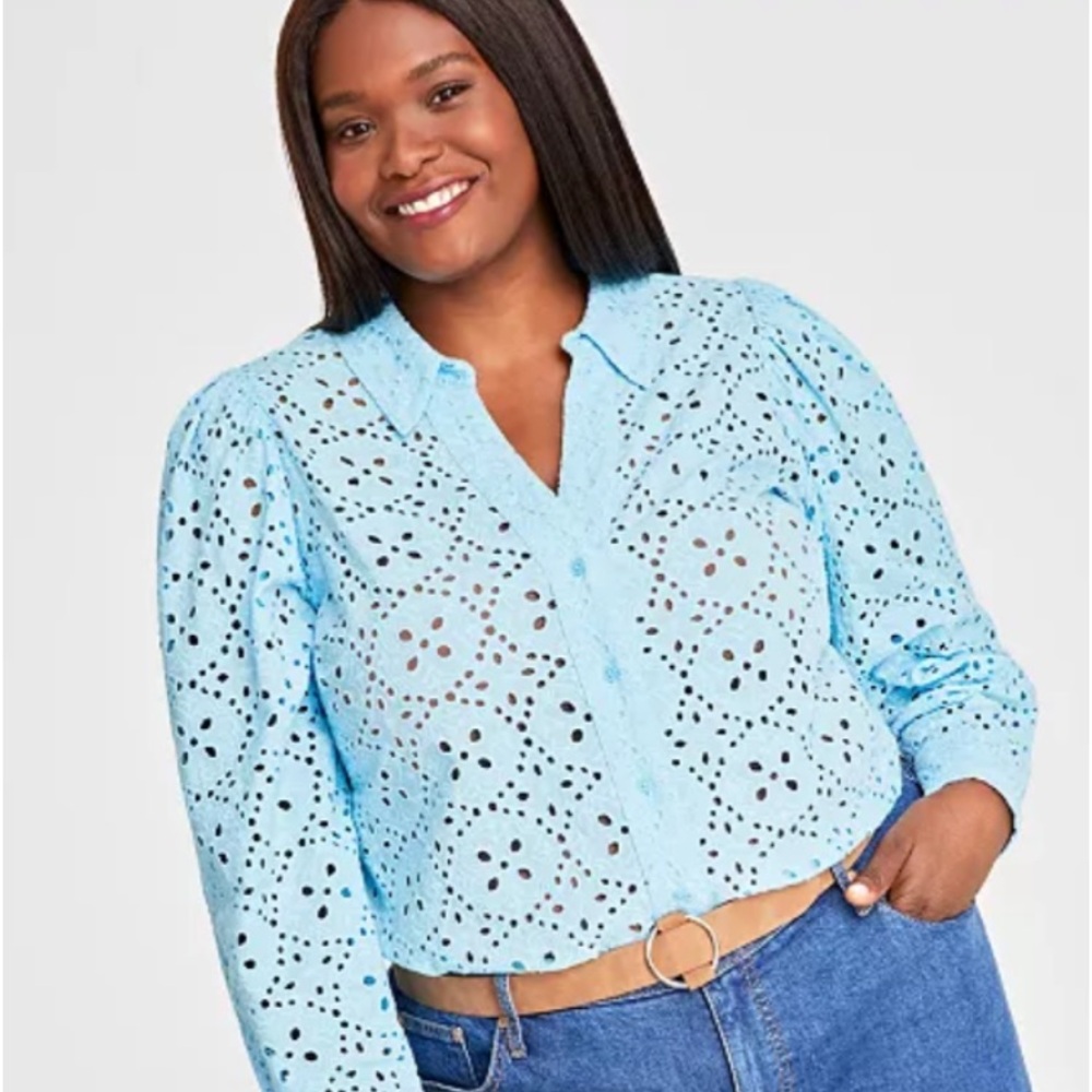 On 34th Blue Cool Eyelet Blouse Top Spring Plus Size Curve Loving Size…